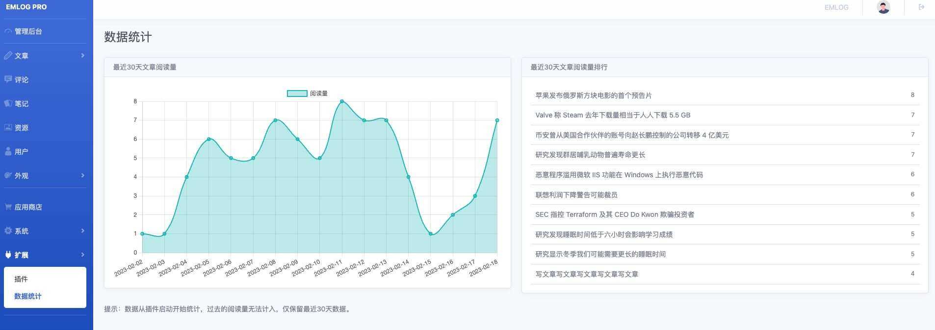 Emlog 数据统计插件 - 项目资源网