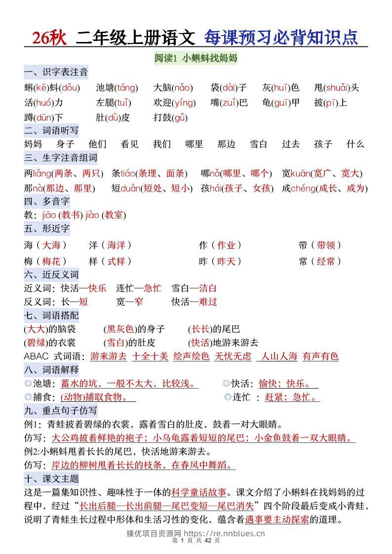 26秋二上语文每课预习必背知识点 - 臻优资源网