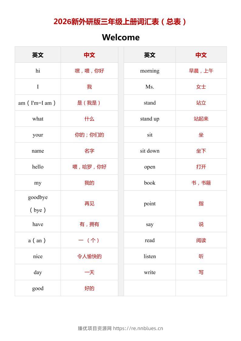 2026秋（外研版）英语三年级上册：单词表（总表） - 臻优资源网