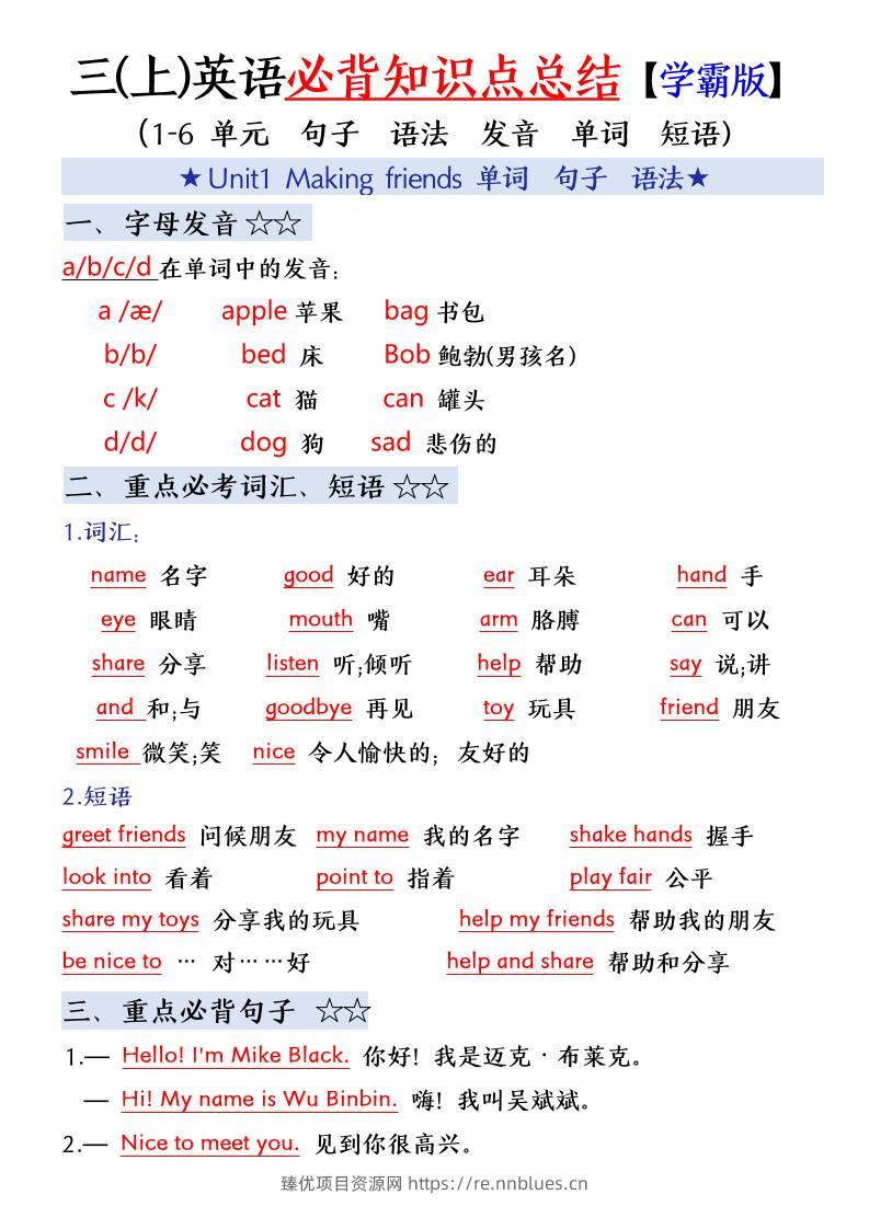 三年级(上)英语必备知识点总结 - 臻优资源网