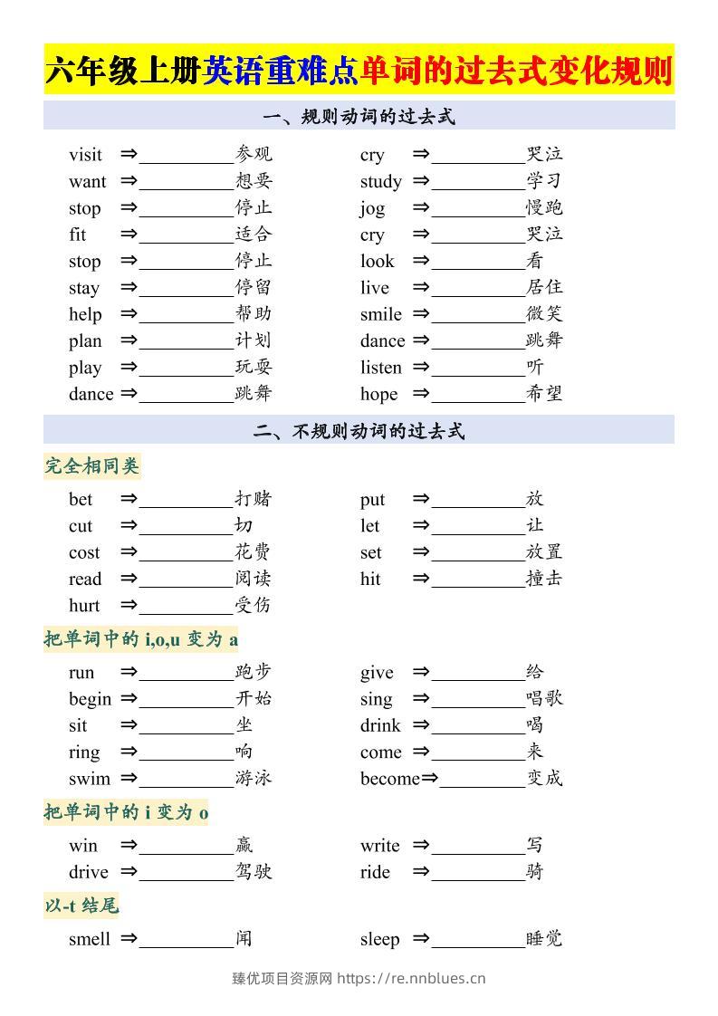 六上英语重点：动词的过去式变化专项 - 臻优资源网