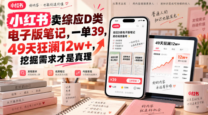 小红书卖综应D类电子版笔记，一单39，49天狂澜12w+，挖掘需求才是真理 - 臻优资源网