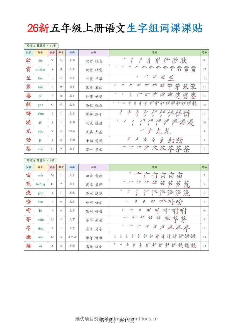 26新五上语文生字组词课课贴11页 - 臻优资源网