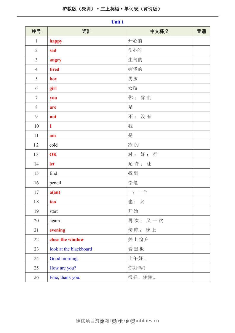 沪教版（深圳）·三上英语·单词表（背诵版） - 臻优资源网