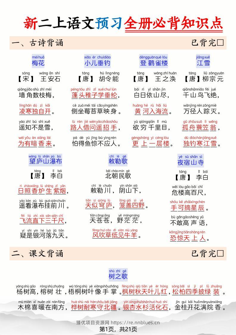 26新二上语文暑假预习全册必背知识点21页 - 臻优资源网