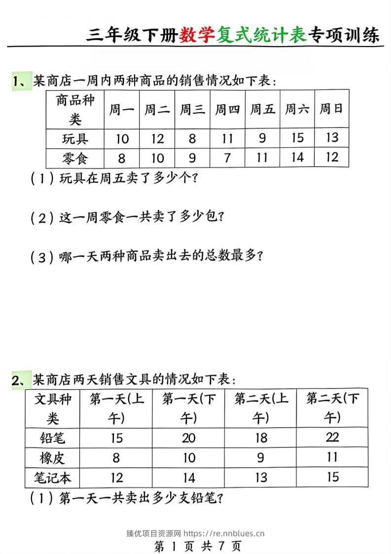 三年级下册数学复式统计表专项训练 - 臻优资源网