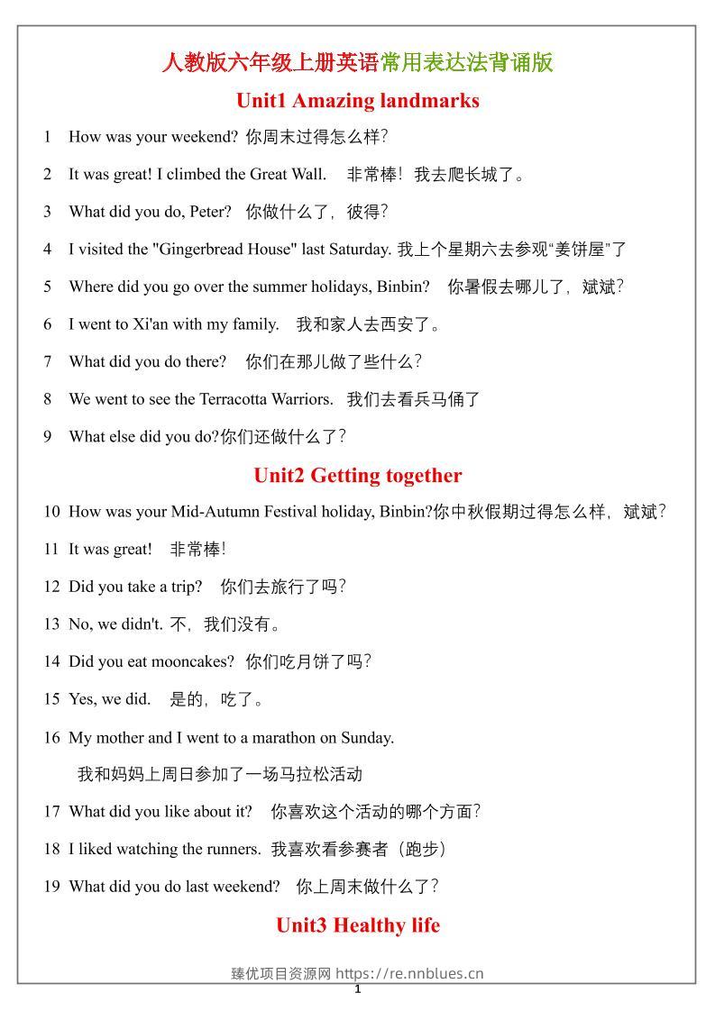六年级上册英语常用表达法（背诵表） - 臻优资源网