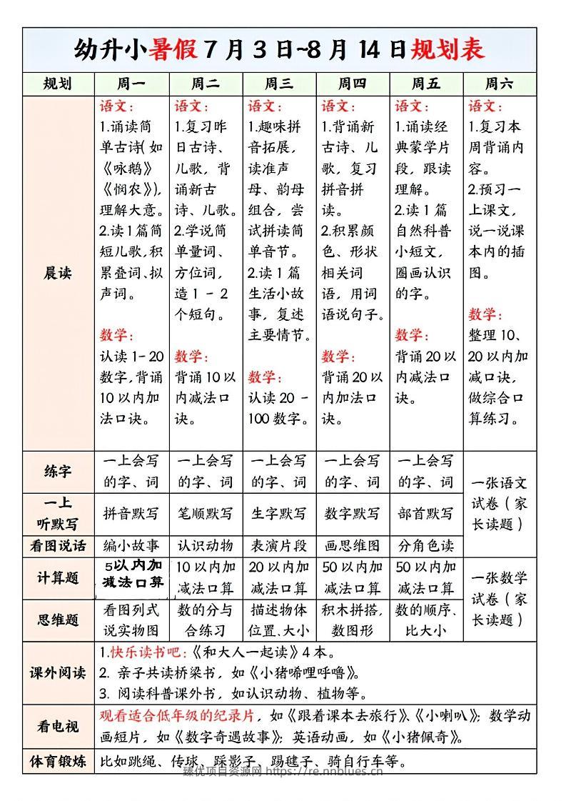 幼升小暑假规划表 - 臻优资源网