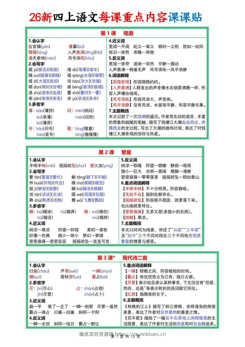 26新四上语文每课重点内容课课贴13页 - 臻优资源网