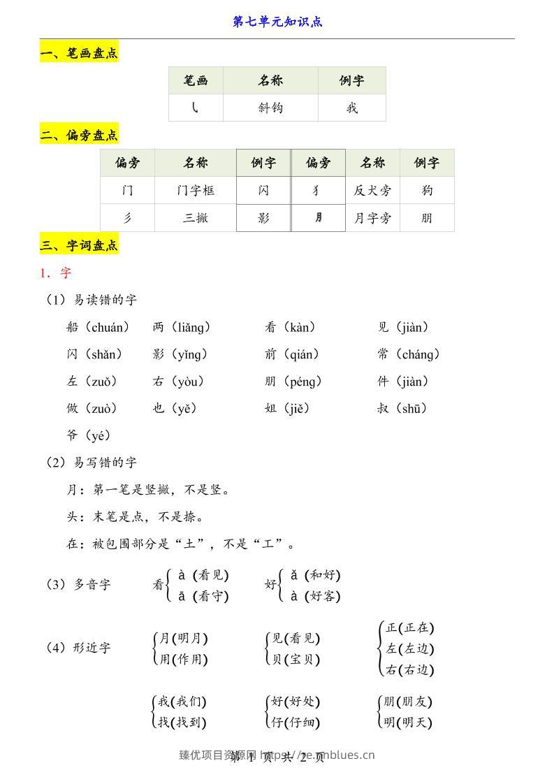 新一上语文第7单元（知识点） - 臻优资源网