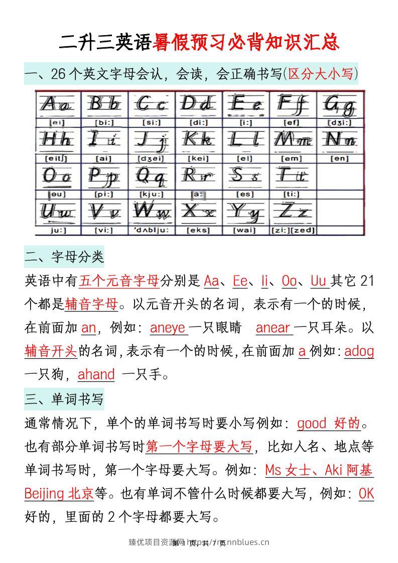 二升三英语暑假预习必背知识汇总通用版-三上英语 - 臻优资源网