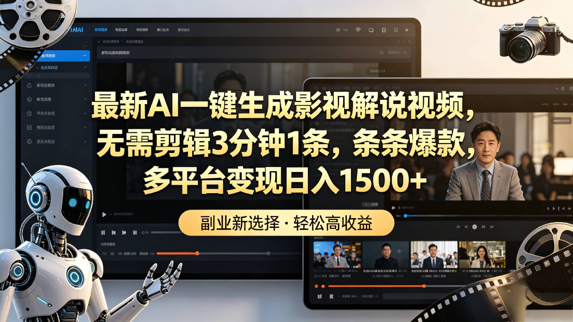 最新AI一键生成影视解说视频，无需剪辑3分钟1条，条条爆款，多平台变现日入1500+ - 臻优资源网