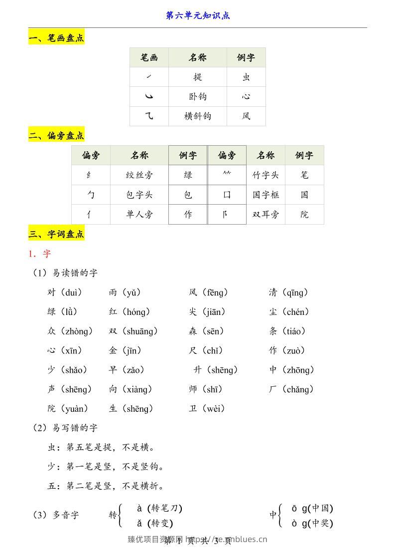 新一上语文第6单元（知识点） - 臻优资源网