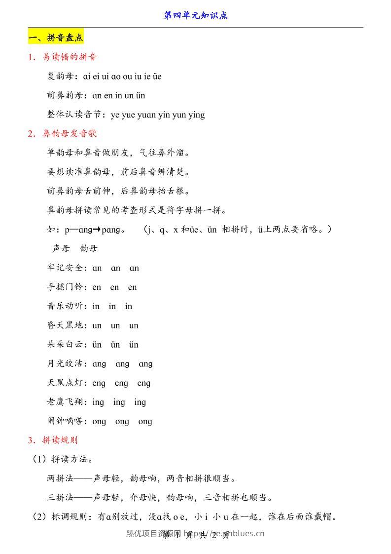 新一上语文第4单元（知识点） - 臻优资源网