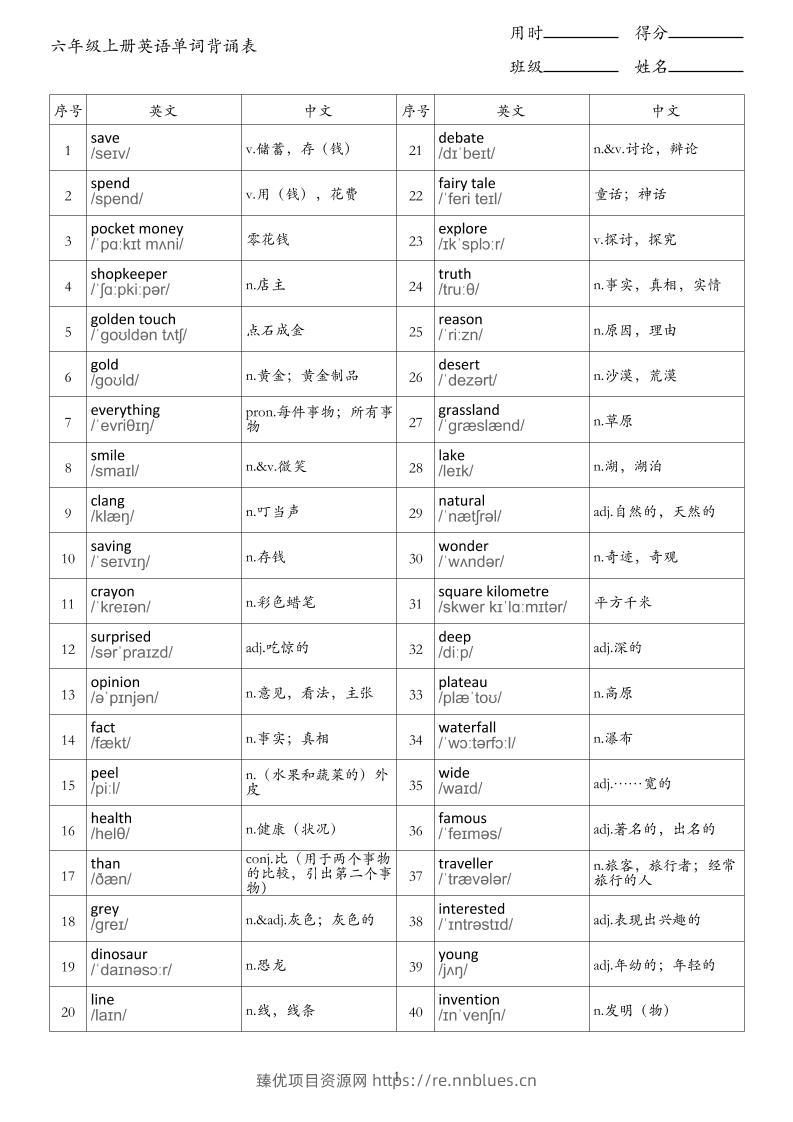 新六上英语单词背诵表《外研版》 - 臻优资源网