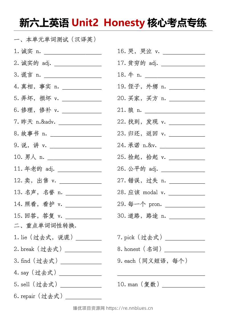 译林版《新六上英语Unit2Honesty核心考点专练》 - 臻优资源网