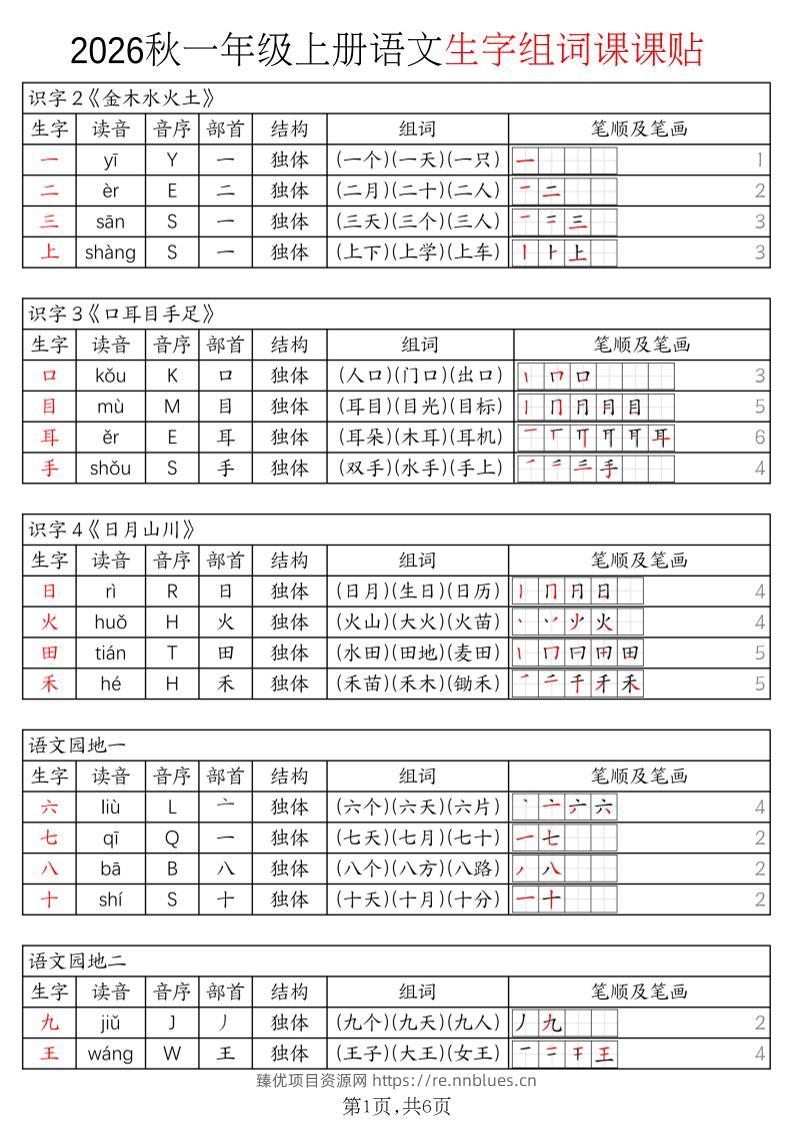 2026秋一年级上语文暑假预习《生字组词课课贴》 - 臻优资源网