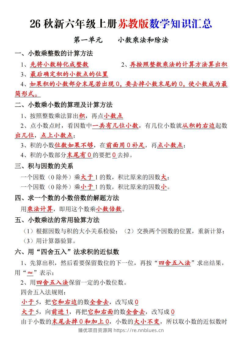 26秋新六上苏教版数学知识汇总_ - 臻优资源网