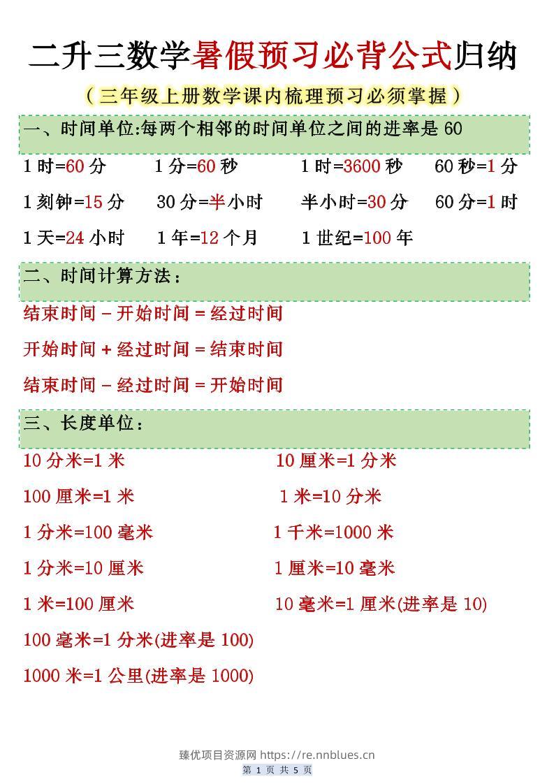 人教版二升三数学暑假预习必背公式归纳-三上数学 - 臻优资源网