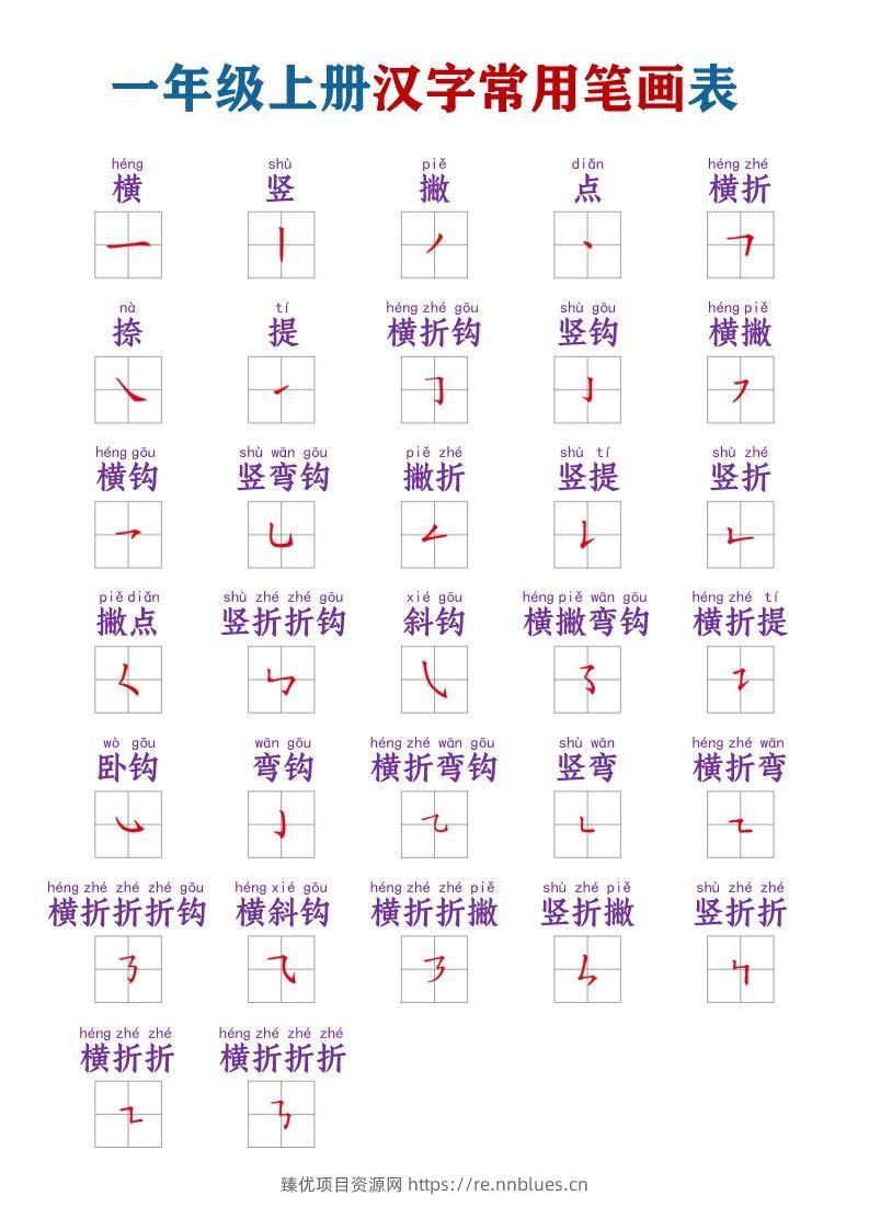 一年级上语文常用笔画名称表 - 臻优资源网