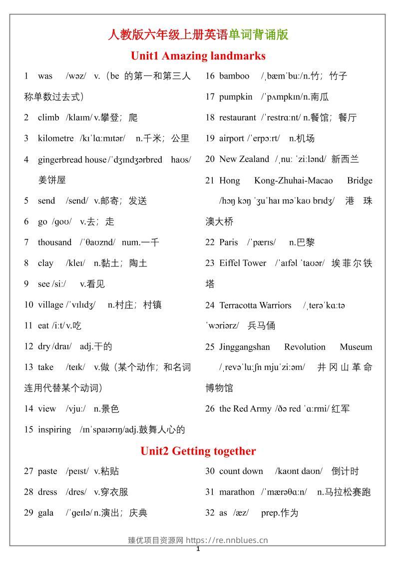 六年级上册英语单词（背诵表） - 臻优资源网