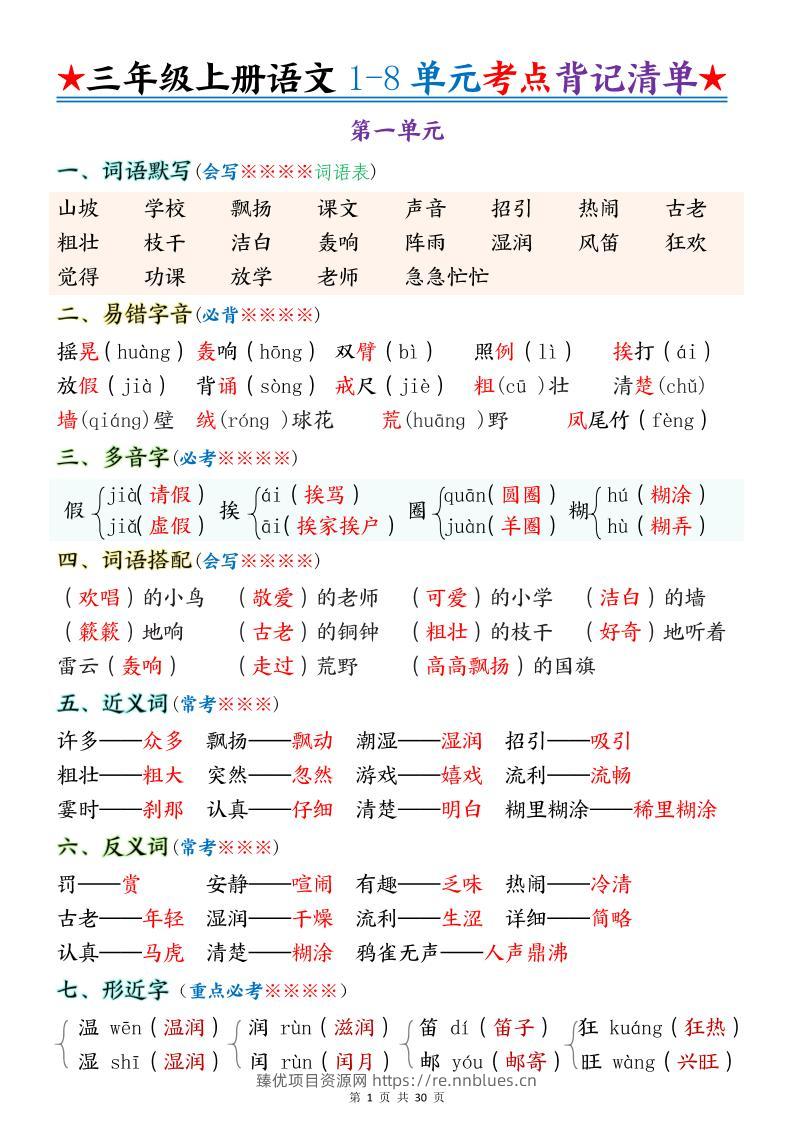 新三上语文1-8单元考点背记清单30页 - 臻优资源网