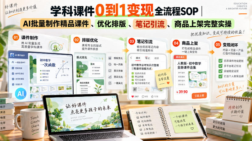 学科课件0到1变现全流程SOP｜AI批量制作精品课件、优化排版、笔记引流、商品上架完整实操​ - 臻优资源网