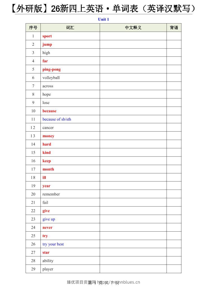 【外研版】26新四上英语·单词表（英译汉默写） - 臻优资源网