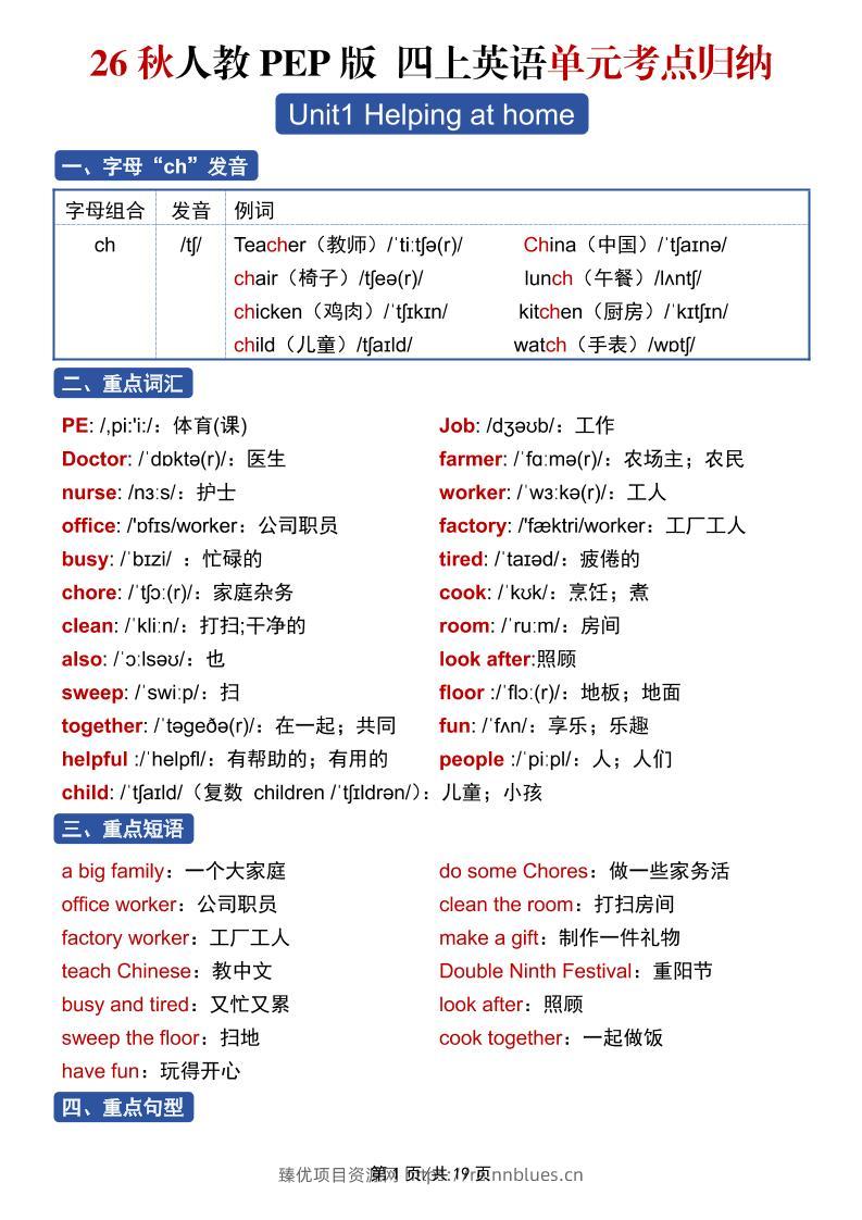 26秋人教PEP版四上英语单元考点归纳19页 - 臻优资源网