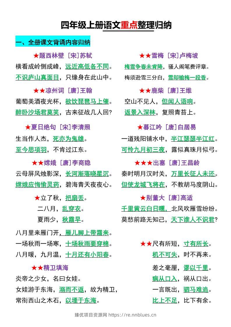 四年级上册语文重点整理归纳 - 臻优资源网