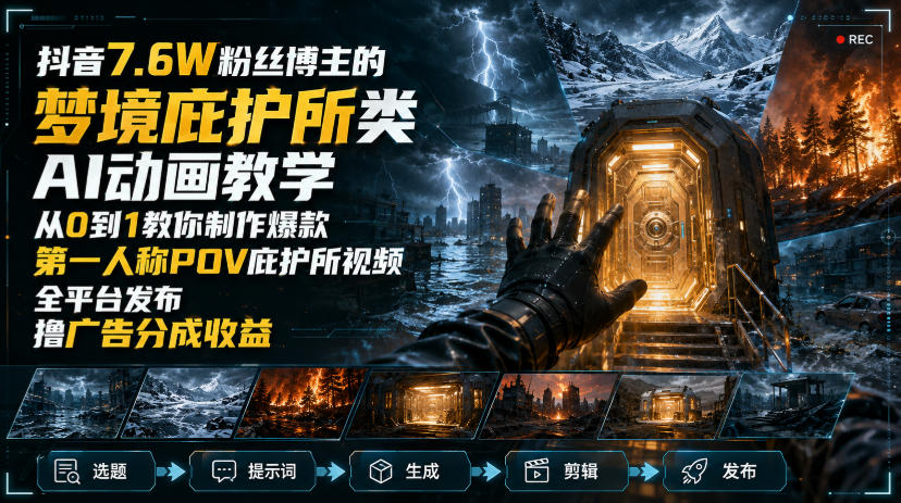 抖音7.6W粉丝博主的梦境庇护所类AI动画教学，从0到1教你制作爆款第一人称POV庇护所视频，全平台发布撸广告分成收益 - 臻优资源网