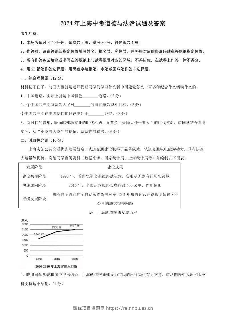 2024年上海中考道德与法治试题及答案(Word版) - 臻优资源网