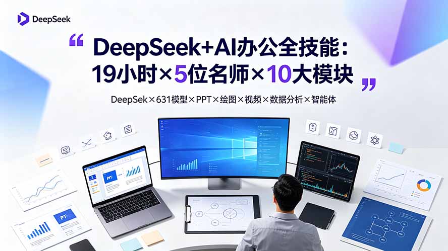 （19411期）DeepSeek+AI办公全技能：19小时×5位名师×10大模块，DeepSeek×631模型×PPT×绘图×视频×数据分析×智能体 - 臻优资源网