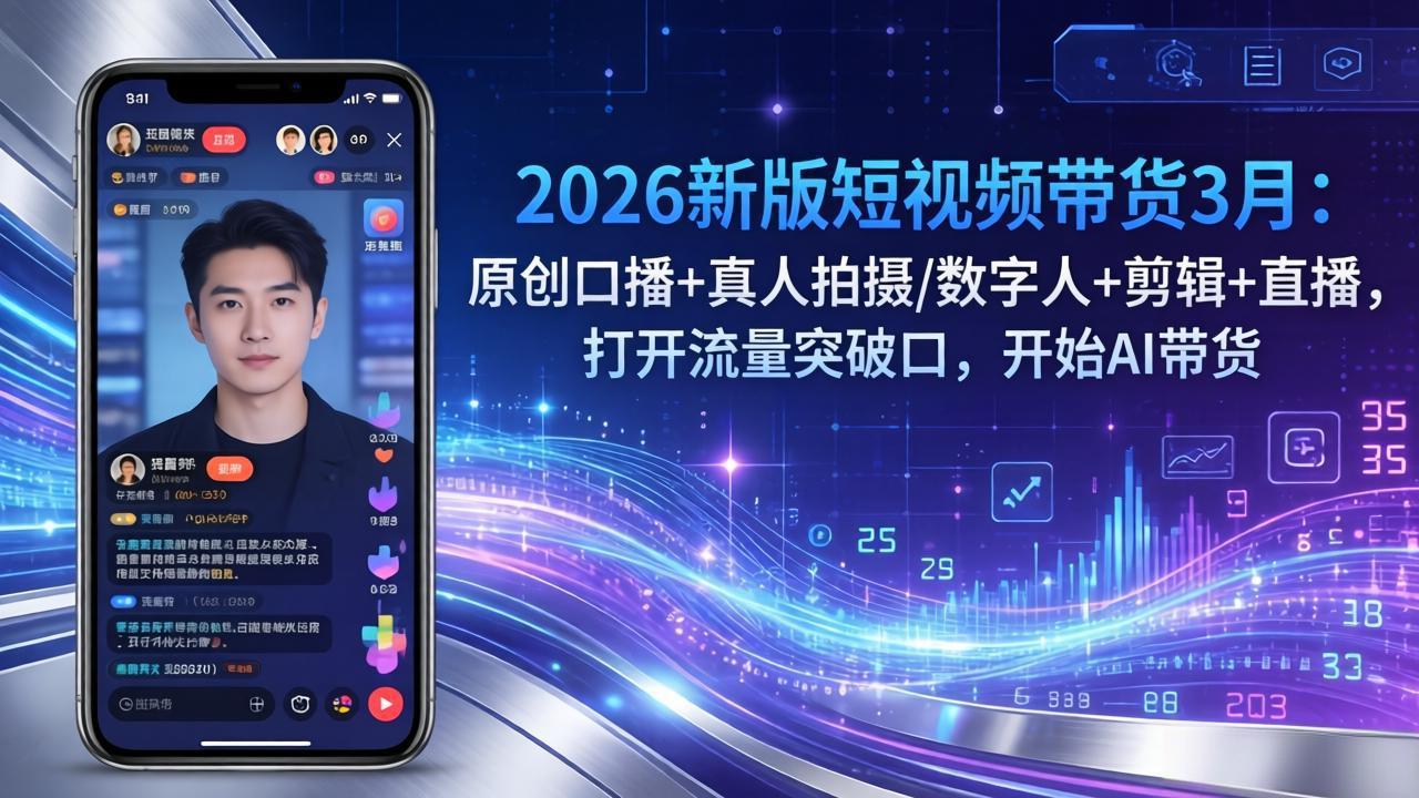 （17724期）2026新版短视频带货3月：原创口播+真人拍摄/数字人+剪辑+直播，打开流量突破口，开始AI带货 - 臻优资源网