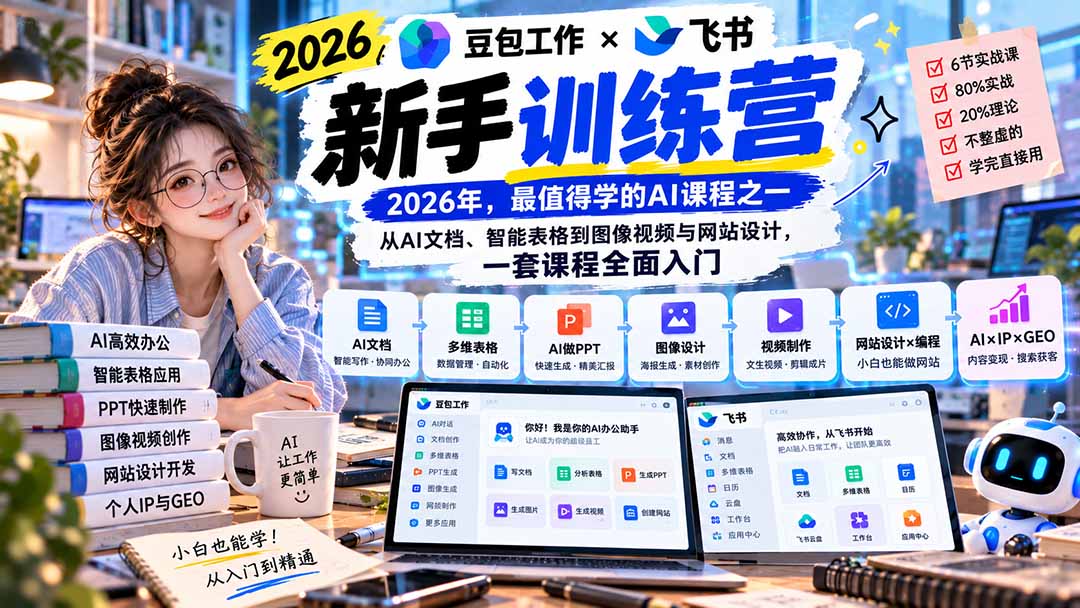 （20645期）2026豆包工作+飞书新手训练营-9月新课：从AI文档、智能表格到图像视频与网站设计，一套课程全面入门 - 臻优资源网