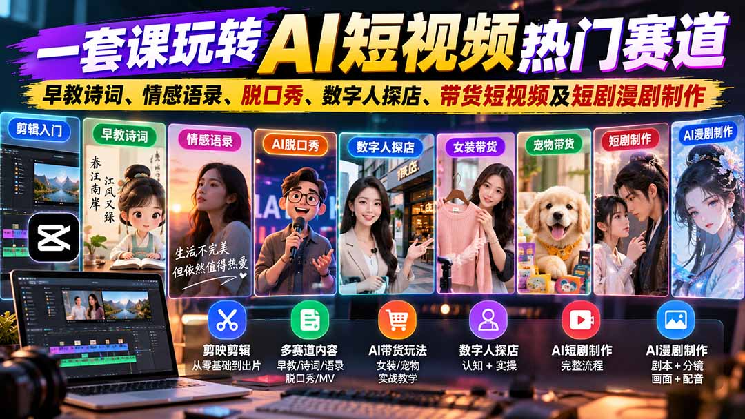 （20964期）一套课玩转AI短视频热门赛道：早教诗词、情感语录、脱口秀、数字人探店、带货短视频及短剧漫剧制作  复制标题 - 臻优资源网