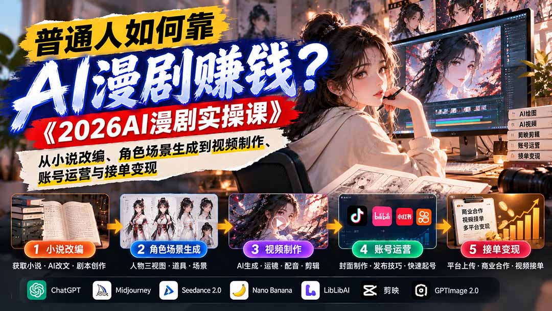 （21173期）普通人如何靠AI漫剧赚钱？《2026AI漫剧实操课》从小说改编、角色场景生成到视频制作、账号运营与接单变现 - 臻优资源网