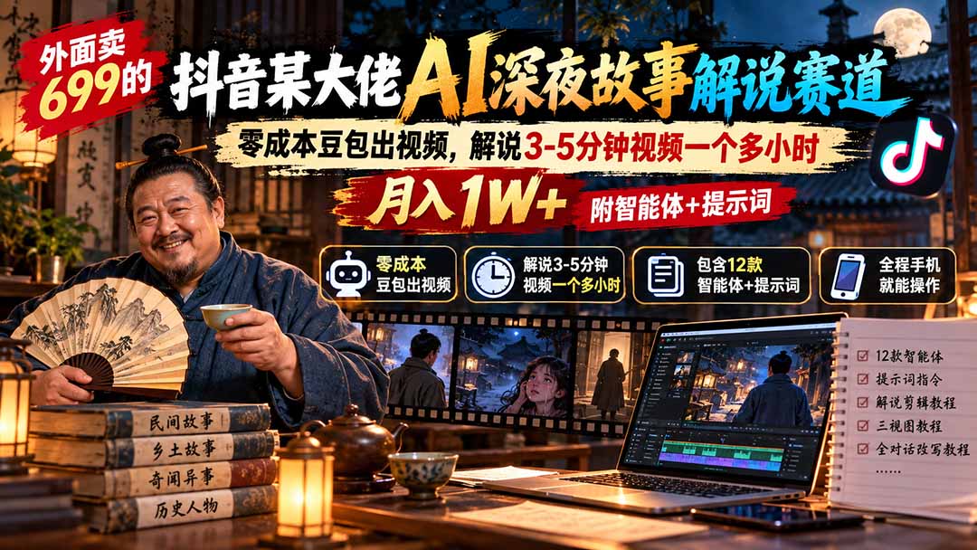 （20648期）外面卖699的抖音某大佬AI深夜故事解说赛道：零成本豆包出视频，解说3-5分钟视频一个多小时，月入1W+附智能体+提示词 - 臻优资源网