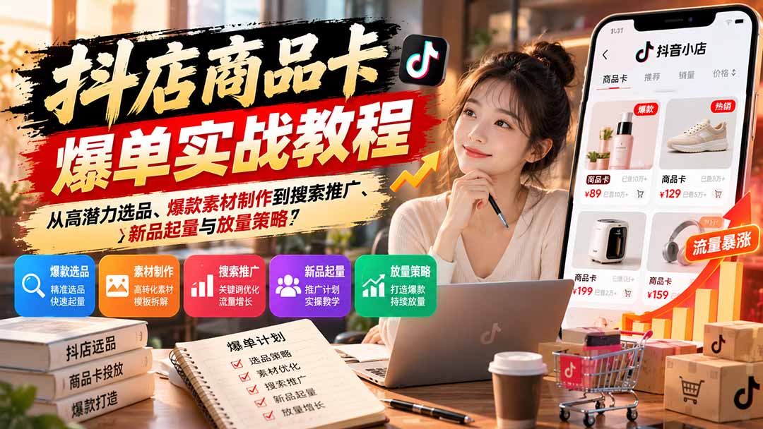 （21148期）抖店商品卡爆单实战教程：从高潜力选品、爆款素材制作到搜索推广、新品起量与放量策略 - 臻优资源网