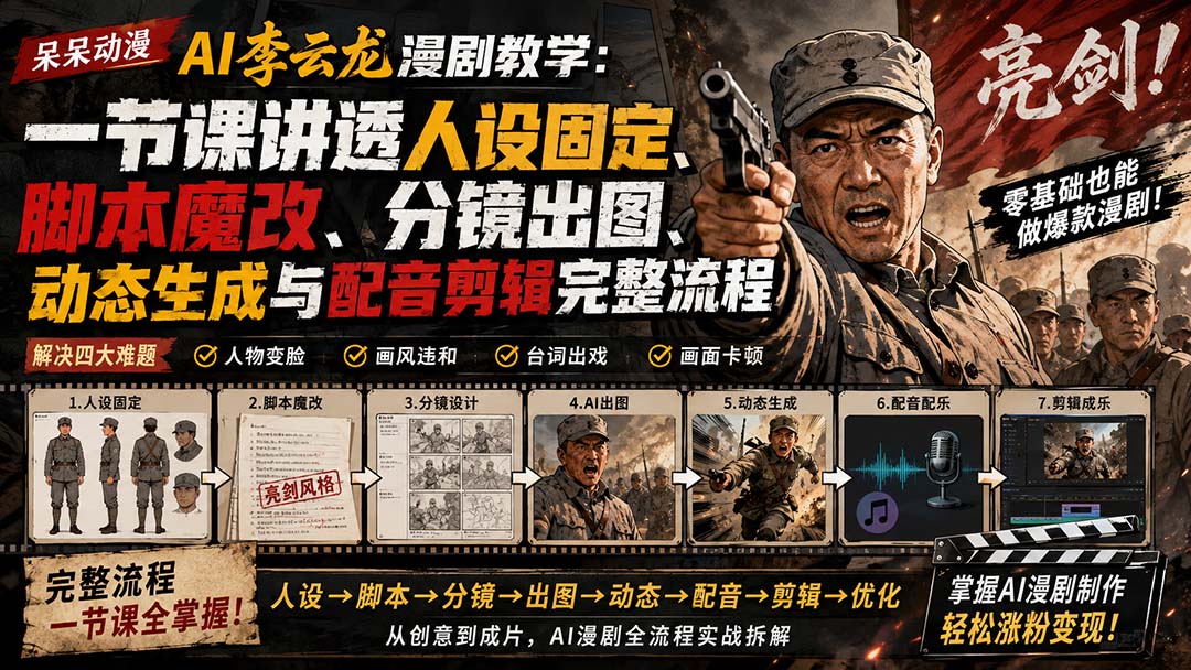 (20107期)呆呆动漫AI李云龙漫剧教学:一节课讲透人设固定、脚本魔改、分镜出图、动态生成与配音剪辑完整流程 - 臻优资源网