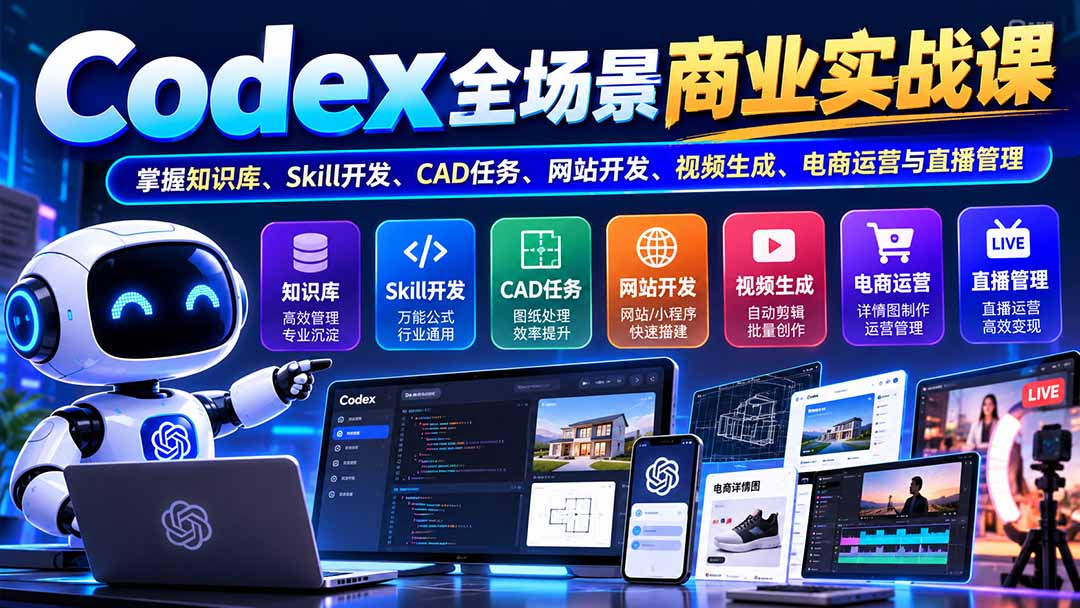 (20712期)【无水印】Codex全场景商业实战课:掌握知识库、Skill开发、CAD任务、网站开发、视频生成、电商运营与直播管理 - 臻优资源网