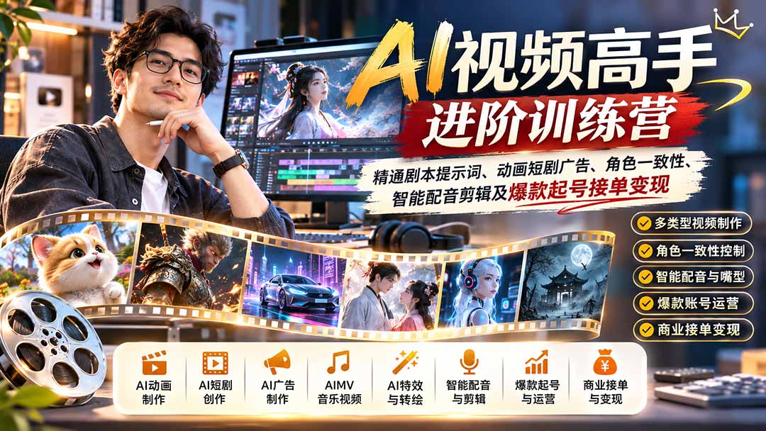（21174期）AI视频高手进阶训练营：精通剧本提示词、动画短剧广告、角色一致性、智能配音剪辑及爆款起号接单变现 - 臻优资源网