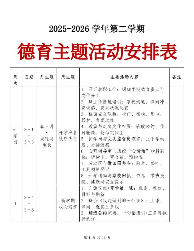 2025-2026春季第二学期德育主题活动安排表（竖版） - 臻优资源网