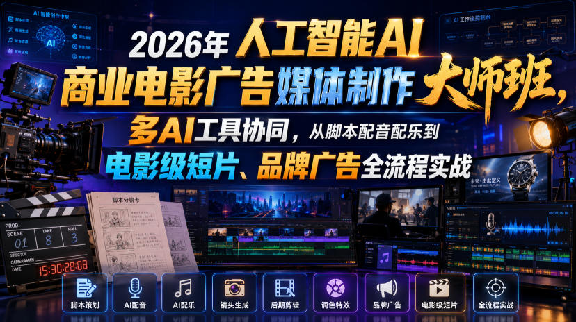 2026年人工智能AI商业电影广告媒体制作大师班，多AI工具协同，从脚本配音配乐到电影级短片、品牌广告全流程实战（中英字幕） - 臻优资源网