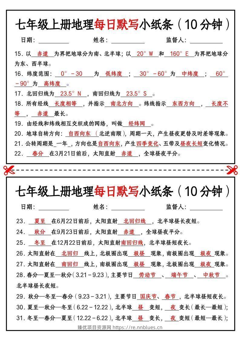 图片[2] - 七年级上册地理每日默写小纸条（10分钟） - 臻优资源网