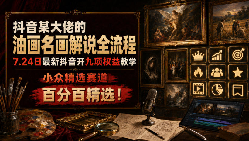 抖音某大佬的油画名画解说全流程，7.24日最新抖音开九项权益教学，小众精选赛道，百分百精选！ - 臻优资源网