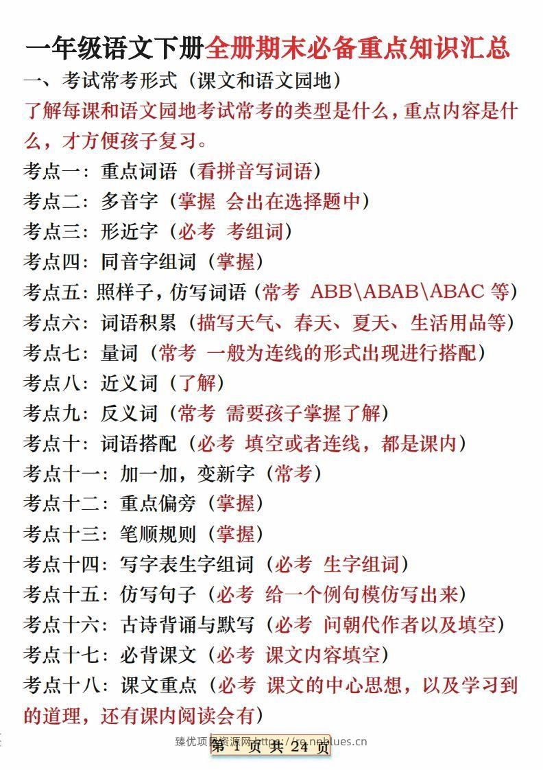 期末复习重点知识汇总一下语文 - 臻优资源网