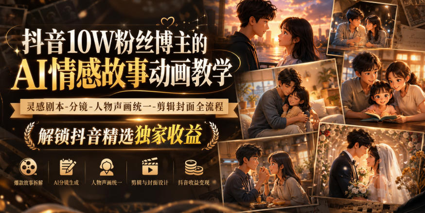 抖音10W粉丝博主的AI情感故事动画教学，灵感剧本‑分镜‑人物声画统一‑剪辑封面全流程，解锁抖音精选独家收益 - 臻优资源网