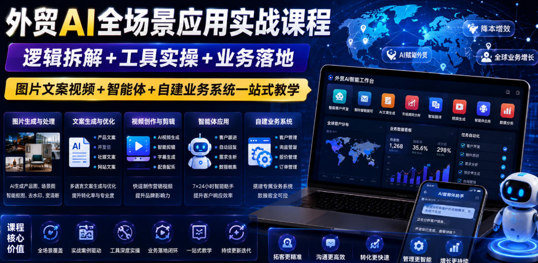 外贸AI全场景应用实战课程｜逻辑拆解+工具实操+业务落地，图片文案视频+智能体+自建业务系统一站式教学 - 臻优资源网
