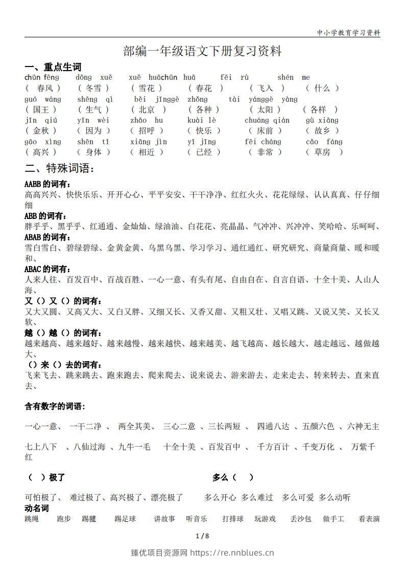 一年级语文下册复习资料(全面、经典) - 臻优资源网